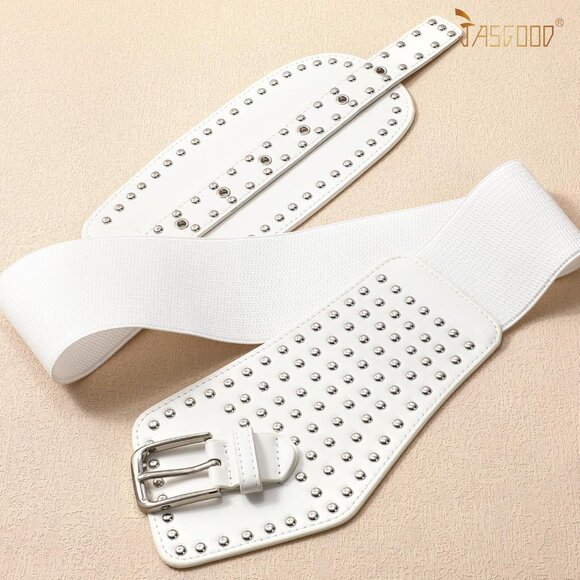 Women's Elastic Wide Belt Vintage Studded Stretchy Waist Belt Dress Pants White - Picture 5 of 5